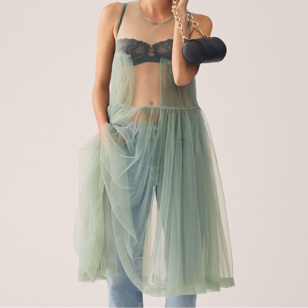 NWOT Maeve Sleeveless Sheer Tulle Overlay Sea Foam Green Duster Dress